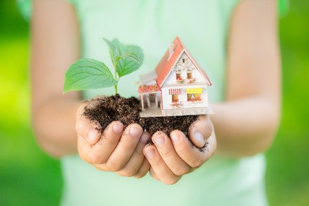 Child in a green top holding a small house and plant in her hands