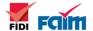 Official red and black FIDI checkmark logo alongside a blue and red FAIM logo