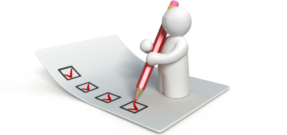 Graphics of a small white figure holding a red pencil on top of a checklist